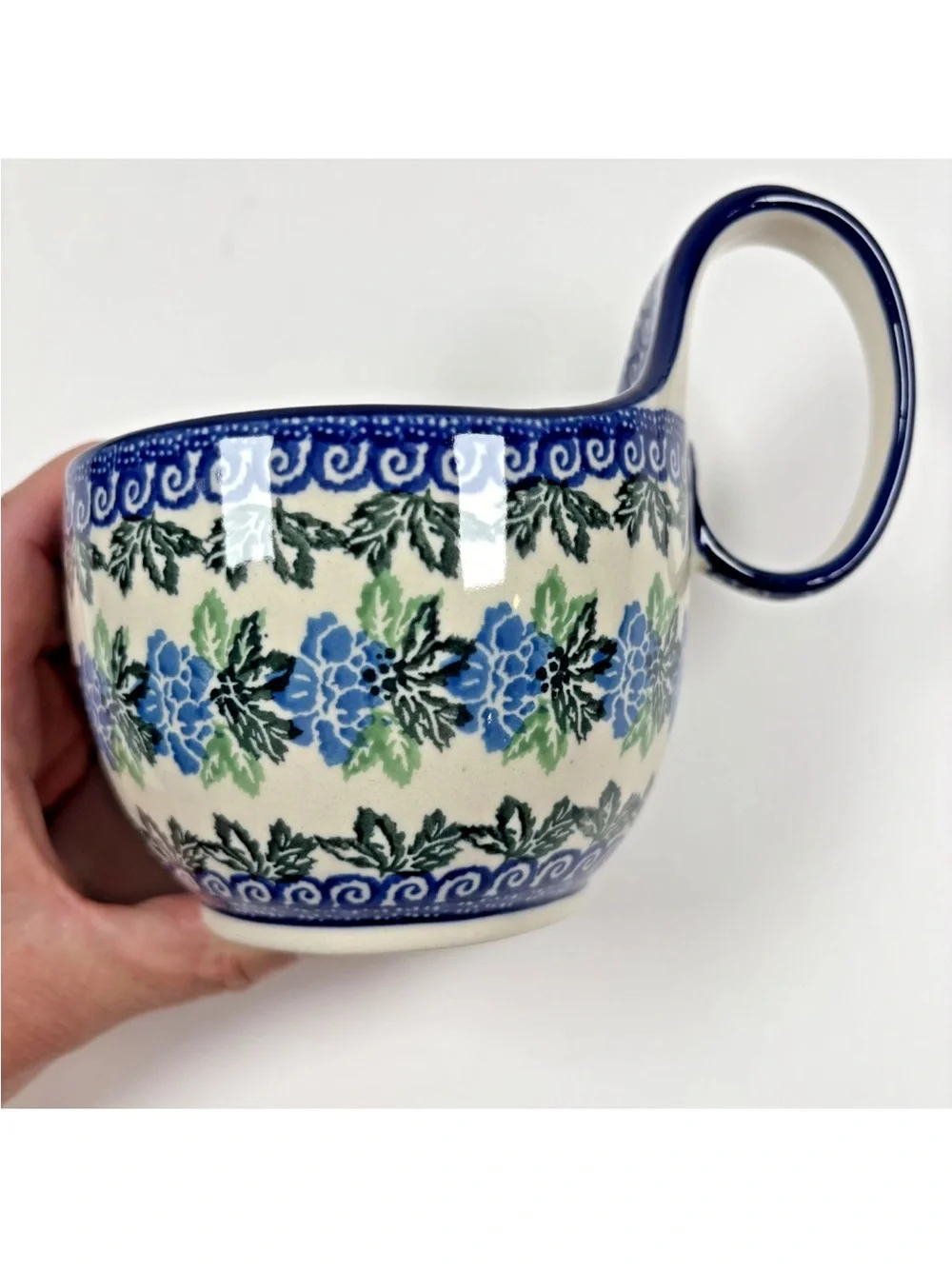 Polish Pottery Soup Bowl Loop Handle Cobalt Blue Green Floral Leaf Boleslawiec